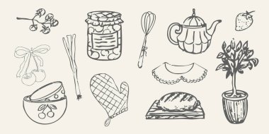 Cottagecore kırsal alanda rahat şeyler çiziyor. Retro sevimli, kaprisli çiftlik temalı kır evi çekirdek estetiği. Hobi koleksiyonu, sebze karalaması. Vektör illüstrasyonu