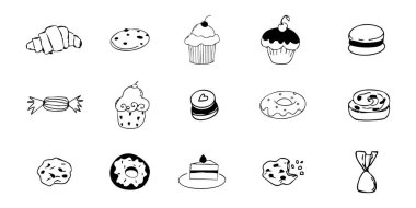 Tatlı ikonu seti, kahvaltı çöreği, çörek ve şekerlemeler el çizimi. Tatlı yemek çizgisi desenli kafe menü dekorasyonları. Vektör illüstrasyonu