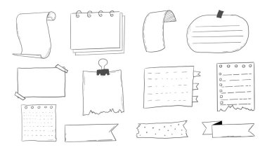 Not sayfası kurşun Jourlal çizimi, elle çizilmiş karalama çıkartmaları ofis listesi kutusu ya da çerçeve. Çizgi roman planlayıcı anımsatıcı, kırtasiye tasarım elemanlarını ayarla. Vektör illüstrasyonu