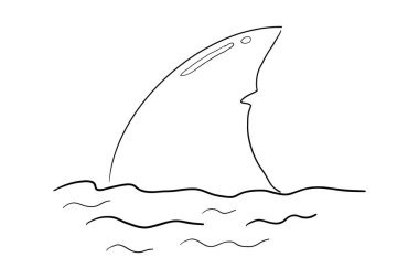 Su dövmeli köpekbalığı yüzgeci çizimi. Basit çizgili siluet yunus ya da su altında köpekbalığı yüzgeci. Antika denizcilik desenli şekil. Vektör illüstrasyonu