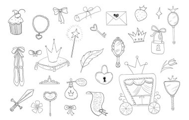 Prenses güzel bir el çizimi çizimi yaptı. Sihirli kız aynası, güzellik yarışması, taç, peri masalı fantezisi. Kraliyet aksesuarı. Mektup ve anahtar. Vektör illüstrasyonu