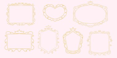 Taçlı girdap süslemeleri olan sevimli prenses pembe çerçeve çizimi. Basit bir karalama el çizimi sınırı. Tuhaf, zarif bir mahsul. Vektör illüstrasyonu