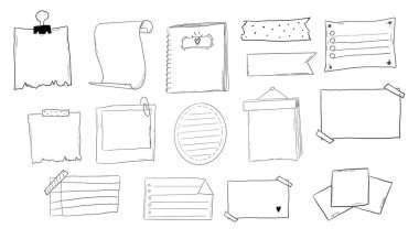 Not sayfası kurşun Jourlal çizimi, elle çizilmiş karalama çıkartmaları ofis listesi kutusu ya da çerçeve. Çizgi roman planlayıcı anımsatıcı, kırtasiye tasarım elemanlarını ayarla. Vektör illüstrasyonu