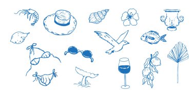 Yaz deniz kıyısı Yunan deniz turizmi, dinlenme eskizi çizimi. Çizgili el, plaj partisi elemanları. Tatil karalaması tropikal iz. Vektör illüstrasyonu