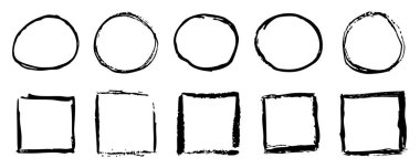 Grunge mürekkep çemberi ve pürüzlü kenarlı kare boyası. Metin kutusu, müstehcen çizimler, sıçrama. Yazı çerçevesi desenli. Vektör illüstrasyonu