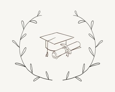 Mezuniyet şapkası ve karalama çizgisi. Üniversite mezuniyet yüzbaşısı ve diploma derecesi taslağı. Mezuniyet şapkası skeci. Vektör illüstrasyonu