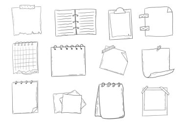 Not sayfası kurşun Jourlal çizimi, elle çizilmiş karalama çıkartmaları ofis listesi kutusu ya da çerçeve. Çizgi roman planlayıcı anımsatıcı, kırtasiye tasarım elemanlarını ayarla. Vektör illüstrasyonu