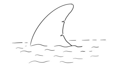 Su dövmeli köpekbalığı yüzgeci çizimi. Basit çizgili siluet yunus ya da su altında köpekbalığı yüzgeci. Antika denizcilik desenli şekil. Vektör illüstrasyonu