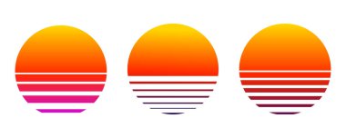 Retro buhar dalgası güneş fütüristik gün doğumu. Siberpunk geometrik gezegen. Sentetik dalga mahsulü. Güneş dairesi retrodalga soyutlaması. Vektör illüstrasyonu