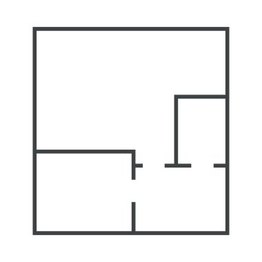 Kat planı basit ikon oda düz daire çizimi, kat planı projesi, sembol. Teknik mimari çizimi. Yapı şekli, kapıları ve pencereleri olan bir düzen. Vektör illüstrasyonu