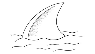 Su dövmeli köpekbalığı yüzgeci çizimi. Basit çizgili siluet yunus ya da su altında köpekbalığı yüzgeci. Antika denizcilik desenli şekil. Vektör illüstrasyonu