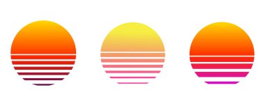 Retro buhar dalgası güneş fütüristik gün doğumu. Siberpunk geometrik gezegen. Sentetik dalga mahsulü. Güneş dairesi retrodalga soyutlaması. Vektör illüstrasyonu