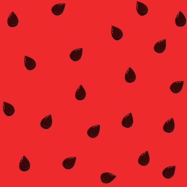 Tohumların içindeki karpuz ve kırmızı arka plan, basit yaz baskısı. Bir dilim meyve, tatlı tatlı retro tasarım. Sulu tropik yaz mevsimi. Vektör illüstrasyonu