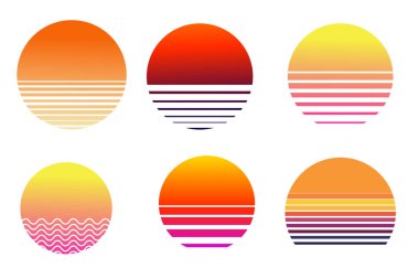 Retro buhar dalgası güneş fütüristik gün doğumu. Siberpunk geometrik gezegen. Sentetik dalga mahsulü. Güneş dairesi retrodalga soyutlaması. Vektör illüstrasyonu