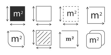 Metre kare simge çizgisi nicelik alanı, m2 alan ölçüm işareti sembolü. Basit bir bölge ölçümü. Düz alan metrekaresi. Vektör illüstrasyonu
