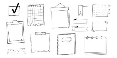 Not sayfası kurşun Jourlal çizimi, elle çizilmiş karalama çıkartmaları ofis listesi kutusu ya da çerçeve. Çizgi roman planlayıcı anımsatıcı, kırtasiye tasarım elemanlarını ayarla. Vektör illüstrasyonu