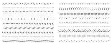 Dikiş makinesi, nakış işleme sınır kapısı zig zag kapağı. Geometrik kumaş işlemeleri, iplik dikiş fırçaları, dikiş dikişleri. - Evet. Vektör illüstrasyonu