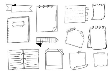 Not sayfası kurşun Jourlal çizimi, elle çizilmiş karalama çıkartmaları ofis listesi kutusu ya da çerçeve. Çizgi roman planlayıcı anımsatıcı, kırtasiye tasarım elemanlarını ayarla. Vektör illüstrasyonu