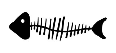 Balık kemiği ikonu balık kemiği iskelet silueti. Çizgi film balık kemikleri, kuyruk ve kafa. Basit bir fosil çizimi. Vektör illüstrasyonu