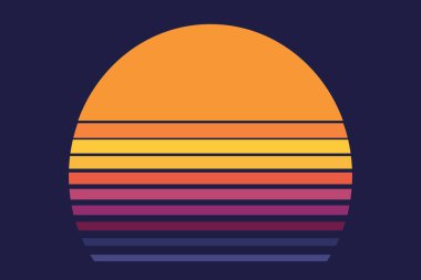 Retro buhar dalgası güneş fütüristik gün doğumu. Siberpunk geometrik gezegen. Sentetik dalga mahsulü. Güneş dairesi retrodalga soyutlaması. Vektör illüstrasyonu