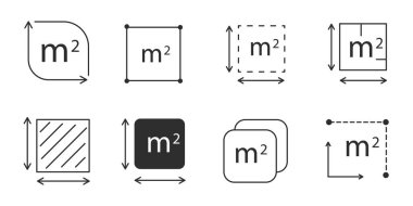 Metre kare simge çizgisi nicelik alanı, m2 alan ölçüm işareti sembolü. Basit bir bölge ölçümü. Düz alan metrekaresi. Vektör illüstrasyonu