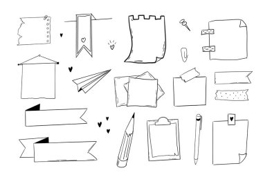 Not sayfası kurşun Jourlal çizimi, elle çizilmiş karalama çıkartmaları ofis listesi kutusu ya da çerçeve. Çizgi roman planlayıcı anımsatıcı, kırtasiye tasarım elemanlarını ayarla. Vektör illüstrasyonu