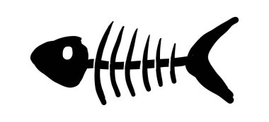 Balık kemiği ikonu balık kemiği iskelet silueti. Çizgi film balık kemikleri, kuyruk ve kafa. Basit bir fosil çizimi. Vektör illüstrasyonu