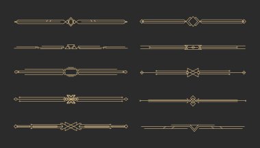 Art deco altın retro ayırıcı, sınır. Çizgi çerçeve klasik geometri altın zarif dekorasyonu. Süslü dekor ögelerini ayarla. Vektör illüstrasyonu