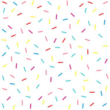 Donut konfeti serpiştirir tatlı şeker arkaplanı. Tatlı tatlı dekorasyonu renkli serpiştirme elementleri. Doğum günü, parti. Vektör illüstrasyonu