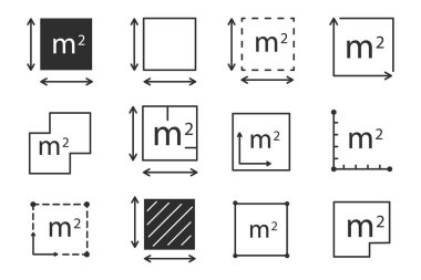 Metre kare simge çizgisi nicelik alanı, m2 alan ölçüm işareti sembolü. Basit bir bölge ölçümü. Düz alan metrekaresi. Vektör illüstrasyonu