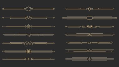 Art deco altın retro ayırıcı, sınır. Çizgi çerçeve klasik geometri altın zarif dekorasyonu. Süslü dekor ögelerini ayarla. Vektör illüstrasyonu