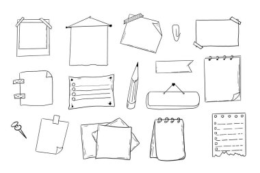 Not sayfası kurşun Jourlal çizimi, elle çizilmiş karalama çıkartmaları ofis listesi kutusu ya da çerçeve. Çizgi roman planlayıcı anımsatıcı, kırtasiye tasarım elemanlarını ayarla. Vektör illüstrasyonu