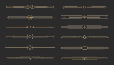 Art deco altın retro ayırıcı, sınır. Çizgi çerçeve klasik geometri altın zarif dekorasyonu. Süslü dekor ögelerini ayarla. Vektör illüstrasyonu