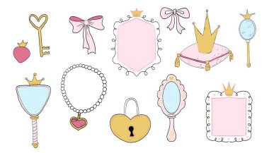 Prenses güzel bir el çizimi çizimi yaptı. Sihirli kız aynası, güzellik yarışması, taç, peri masalı fantezisi. Kraliyet aksesuarı. Mektup ve anahtar. Vektör illüstrasyonu