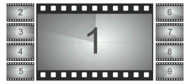 Geri sayım film çerçevesi, film giriş animasyonu retro video ekranı. Başlangıç zamanlayıcısı hazır, film şeridi sınırı, vintage sayacı. Vektör illüstrasyonu