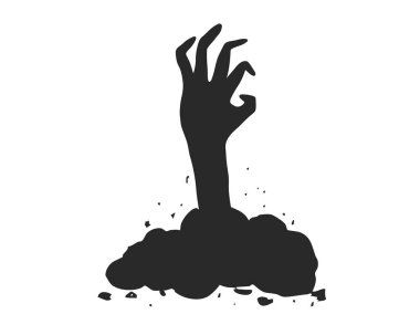 Cadılar Bayramı gecesi yerden yükselen ürkütücü zombi eli silueti. Korkunç tasarım için vektör korku unsuru. Cadılar Bayramı 'nın ürpertici el silueti mezarlık toprağından yükseliyor. Vektör