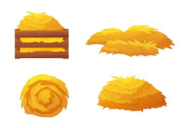 Saman ve saman seti. Düz çiftlik yığınları, izole balyalar, çim yığınları, ahşap kutu, tırmık ve çuval. Köy manzaraları, tarım projeleri ve kırsal ikonlar için mükemmel. Vektör illüstrasyonu