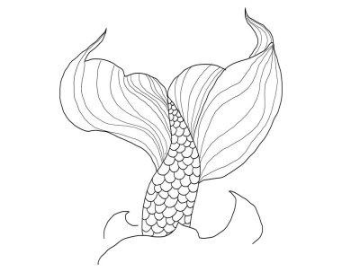 Dövme tarzında klasik deniz kızı kuyruğu çizimi. Siyah çizgiler, pullar, sıçrama ve fantezi deniz sembolü. Retro deniz dekoru için izole edilmiş vektör. Vektör illüstrasyonu