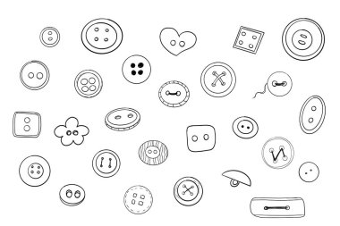 Düğme dikme ögesi el çizimi karalama çizimi. Plastik kumaş düğme koleksiyonu. Çeşitli terzi aksesuarları. Vektör illüstrasyonu