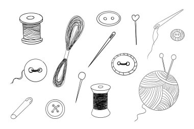 İplikle dikiş seti, iğne düğmeleri el çizimi. El yapımı el işi nakış koleksiyonu. Klasik terzi seti. Aksesuar dikiyorum. Vektör illüstrasyonu