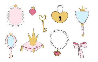 Prenses güzel bir el çizimi çizimi yaptı. Sihirli kız aynası, güzellik yarışması, taç, peri masalı fantezisi. Kraliyet aksesuarı. Mektup ve anahtar. Vektör illüstrasyonu