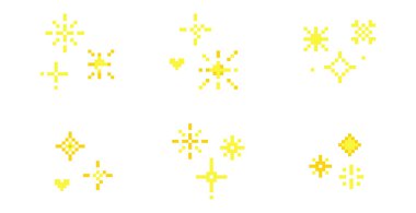 UI retro tasarımları veya web Minimalist 90 'ların Y2K pikseli yıldız koleksiyonu için 8 bit piksel parıltı simgeleri. Havai fişek patlaması, uzay dekorasyonu. - Evet. Vektör illüstrasyonu