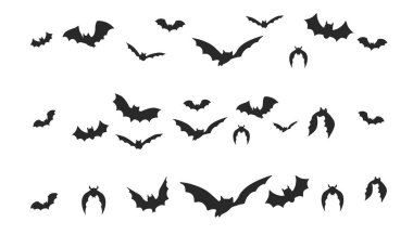 Yarasa silueti sınır ayırıcı seti, cadılar bayramı süsü. Korkunç dekor çelengi. Klasik parti ya da pankart dekoru. Ürkütücü tasarım elemanı. Vektör illüstrasyonu