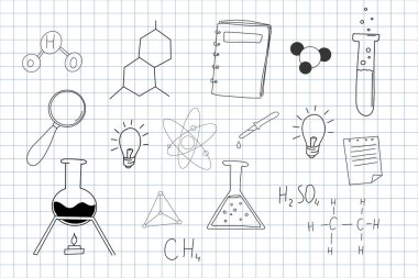 Kimya araştırması el çizimi çizgi simgeleri çizdi. Şişeler ve tüpler okul unsurlarına geri döndü. Eğitim bilimi laboratuarı çizimi. Vektör illüstrasyonu