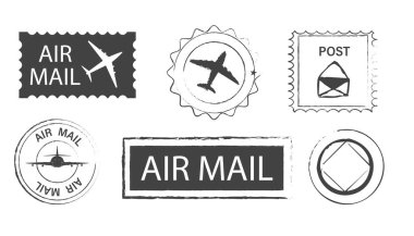 Grunge retro posta mührünü damgala, uçakla damgala, albüm için karalama klasik dekorasyonu yap. Hava postası turizmi kartpostalları. Vektör illüstrasyonu