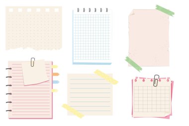 Farklı notlar, ataç ve yapıştırıcı bantlı notlar. Yapışkan hatırlatıcılar, boş kağıtlar, çıkartmalar. Kontrol listesi yırtılmış kenar kağıt. Vektör illüstrasyonu