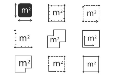 Kare alan ölçü çizgisi simgesi. Metrekaresi fit kare, uzay uzunluğu, sembol. Miktar alanı, m2 ölçüm alanı. - Evet. Vektör illüstrasyonu