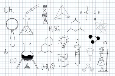 Kimya araştırması el çizimi çizgi simgeleri çizdi. Şişeler ve tüpler okul unsurlarına geri döndü. Eğitim bilimi laboratuarı çizimi. Vektör illüstrasyonu
