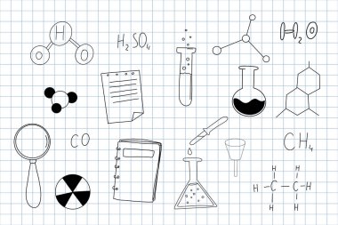 Kimya araştırması el çizimi çizgi simgeleri çizdi. Şişeler ve tüpler okul unsurlarına geri döndü. Eğitim bilimi laboratuarı çizimi. Vektör illüstrasyonu