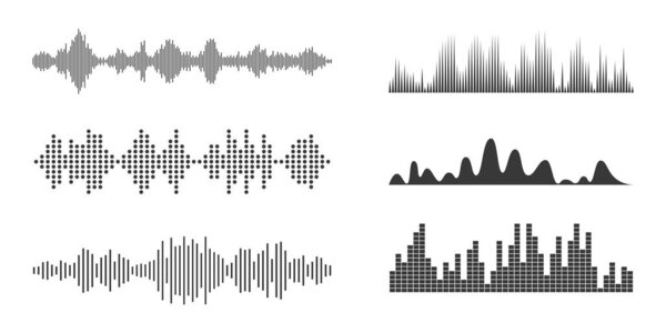 Sound radio wave icon, voice message podcast audio recording. Collection Music waveform pulse, equalizer rhythm symbol. Record level vibration. Vector illustration